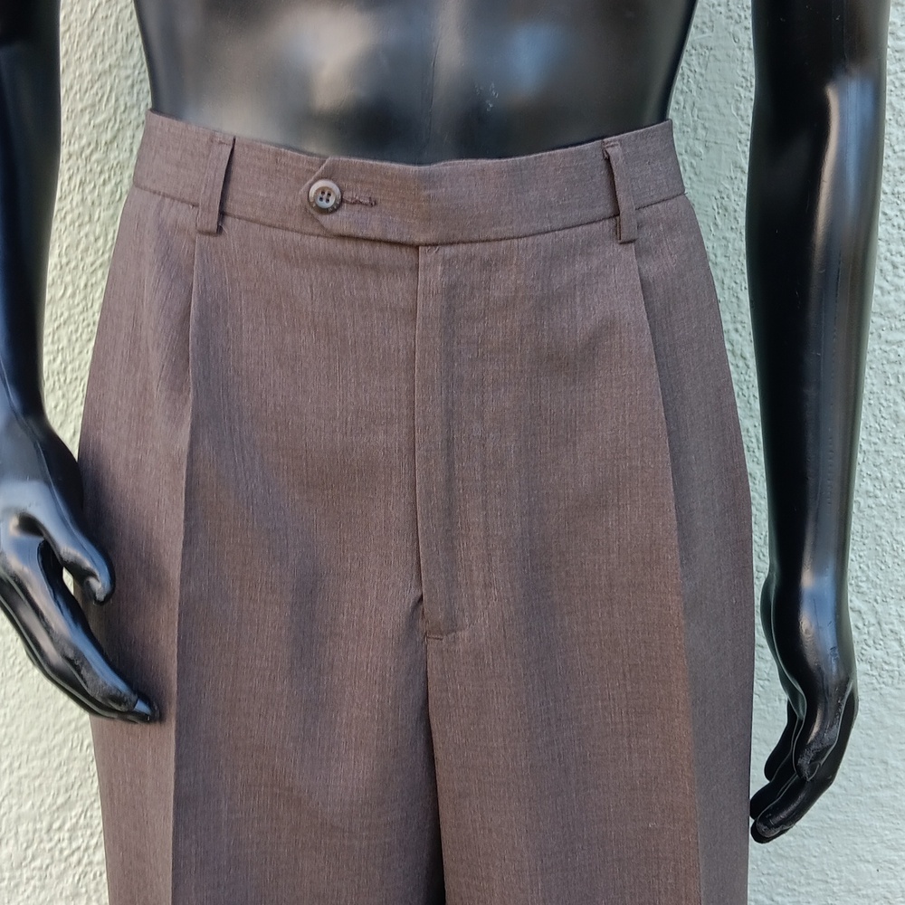 FEZZA, ANDREW FEZZA MEN'S DOUBLE PLEATED WOOL BLEND LUX BROWN TROUSERS (INDIA)